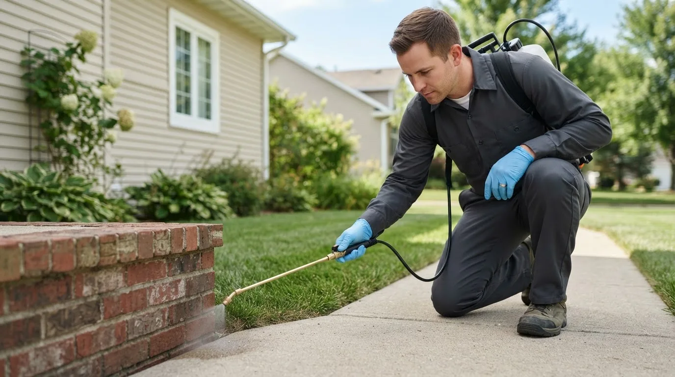 Pest control technician treating a home near Eugene, OR